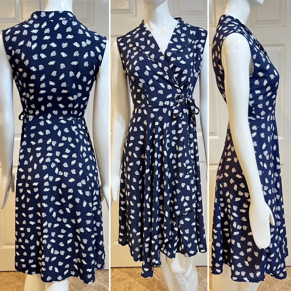 CALA~Sleeveless Wrap Dress~Shell Print~Light Weight Scarf Mateirial~Sz S~EUC